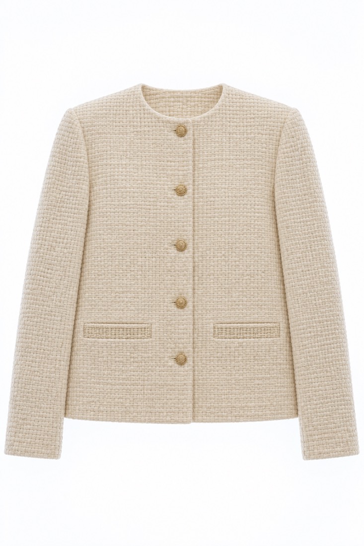 Collarless Jacket photographed against a backlight so the opacity of the cloth is visible.