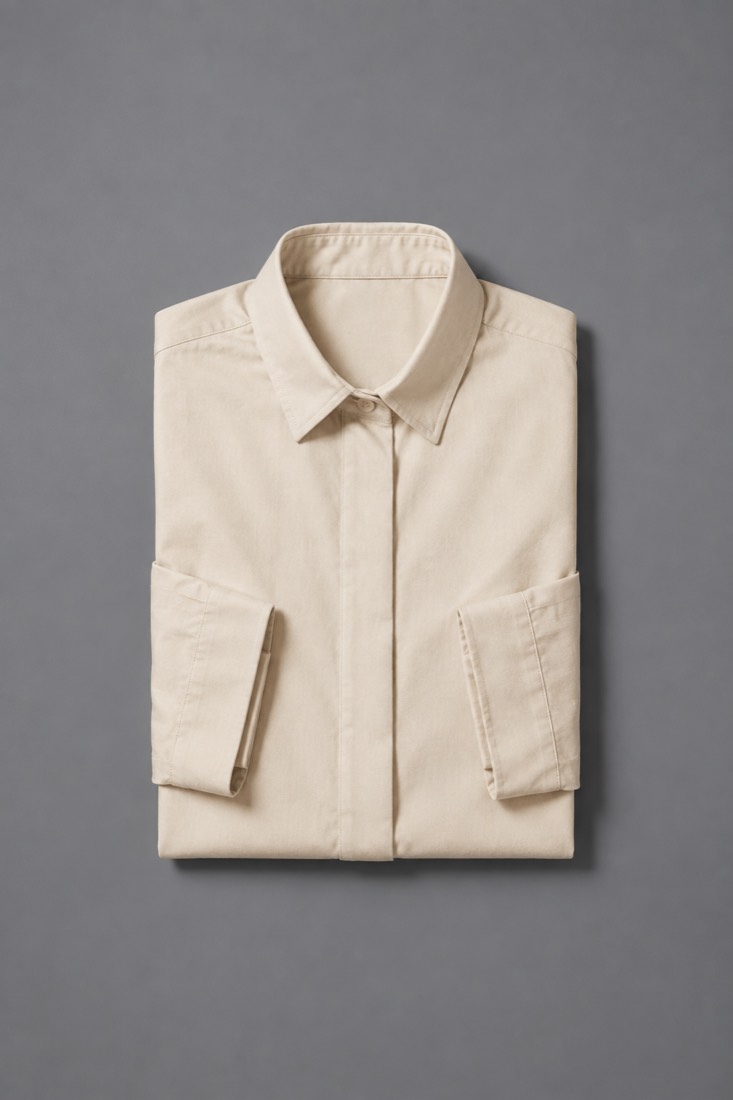 A cotton poplin shirt in oat white, folded and photographed from directly overhead on a slate grey backdrop.